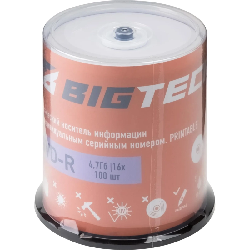 Носители информации Bigtech YDVDRP001 DVD-R 4,7Гб Printable 16x 100/уп cake