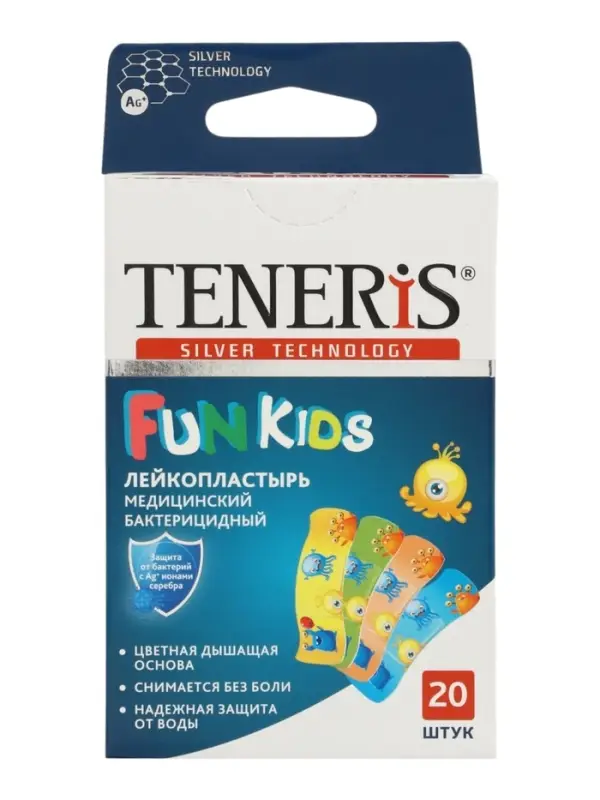 Лейкопластырь бактерицидный Teneris "Fun Kids" с ионами серебра на полимерной основе. 20 шт