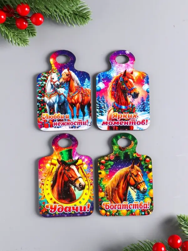 Набор магнитов на холодильник 4 шт., &laquo;Доска разделочная с конём: Богатства, удачи, любви и нежности, ярких моментов&raquo;