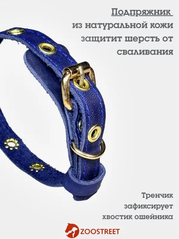 Ошейник, безразмерный, 35&times;1.5 см, с подпряжником, кожа, синий