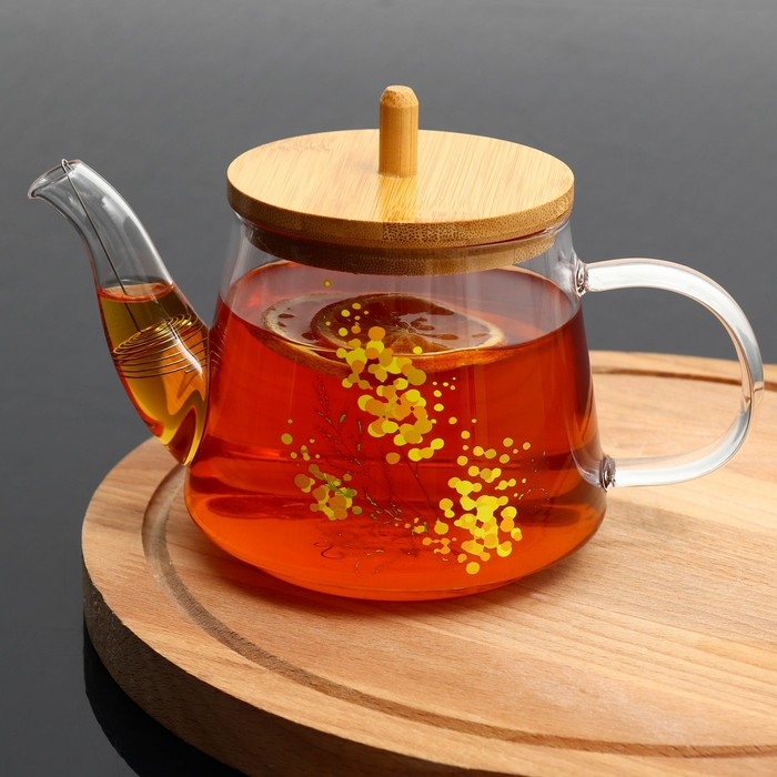 Чайник стеклянный заварочный с бамбуковой крышкой «Нежная мимоза», 600 мл Чайник стеклянный заварочный с бамбуковой крышкой «Нежная мимоза», 600 мл