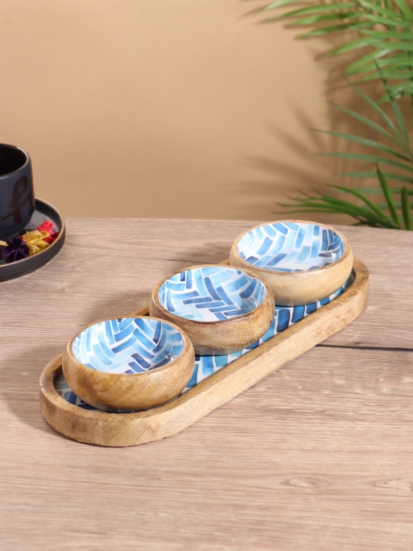 Набор розеток на подносе  Набор розеток на подносе "Синие птицы" (3 шт) дерево манго 33,5х13х6,5 см