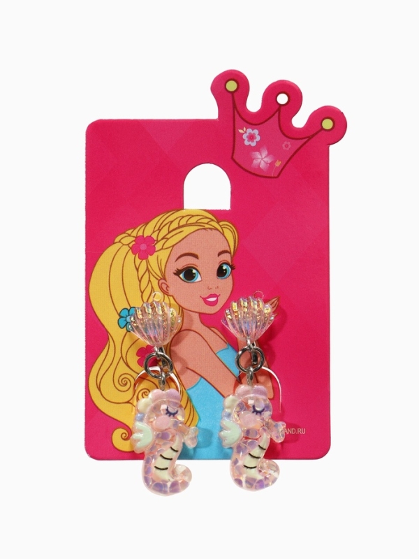 Серьги-клипсы детские  Серьги-клипсы детские "Выбражулька" морской конек с ракушкой перламутр, цвет розово-белый