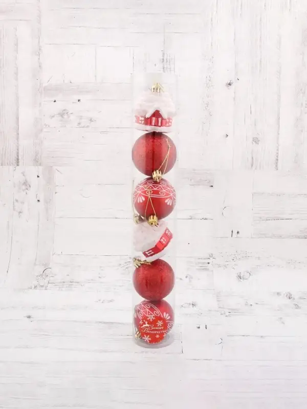 Ёлочные игрушки &laquo;Праздник&raquo;, шары новогодние, набор 6 шт. (4 шара, 2 домика) 6 см, красный