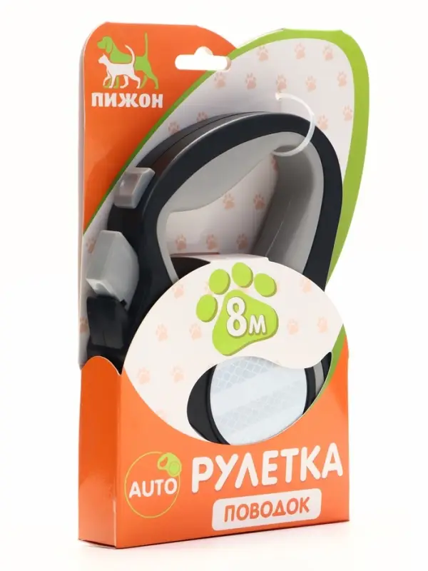 Рулетка &laquo;Пижон&raquo;, 8 м, до 40 кг, трос, светоотражающая, прорезиненная ручка, серая