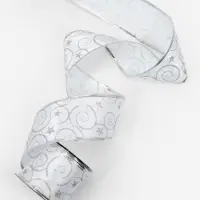 Лента атласная с металлической нитью &laquo;Узоры со звездой&raquo;, 60 мм, 9&plusmn;0.5 м, цвет белый, серебряный