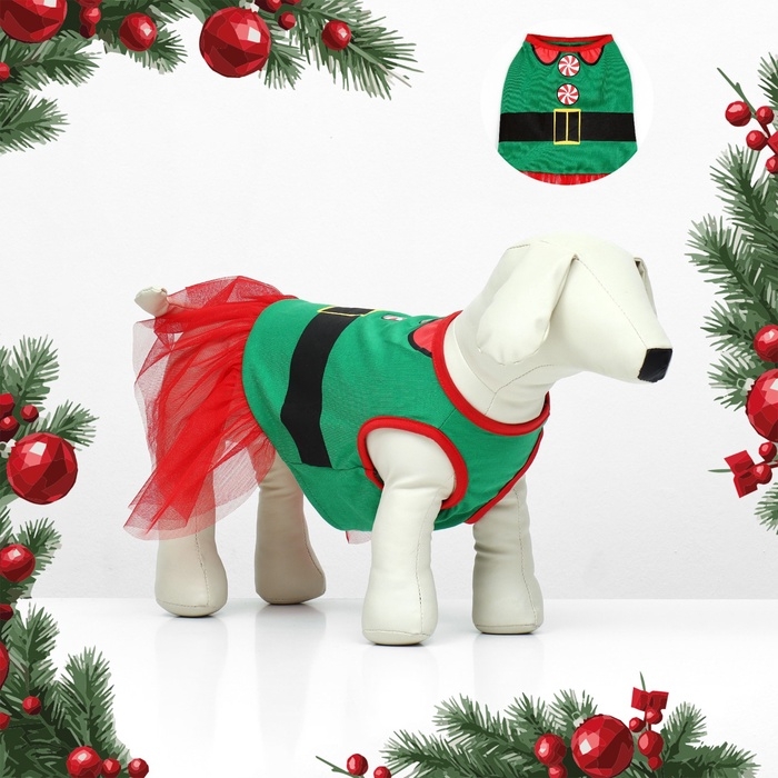 Костюм для животных Костюм для животных "Эльфийка", размер XS (ДС 22, ОГ 32, ОШ 21 см), красно-зелёный