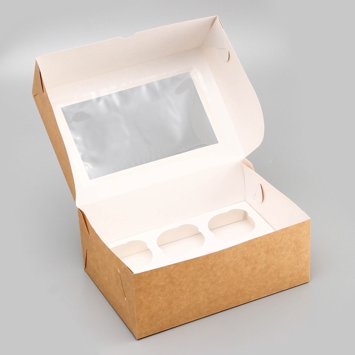 Коробка для 6 капкейков с окном, крафт, 25 х 17 х 10 см Коробка для 6 капкейков с окном, крафт, 25 х 17 х 10 см