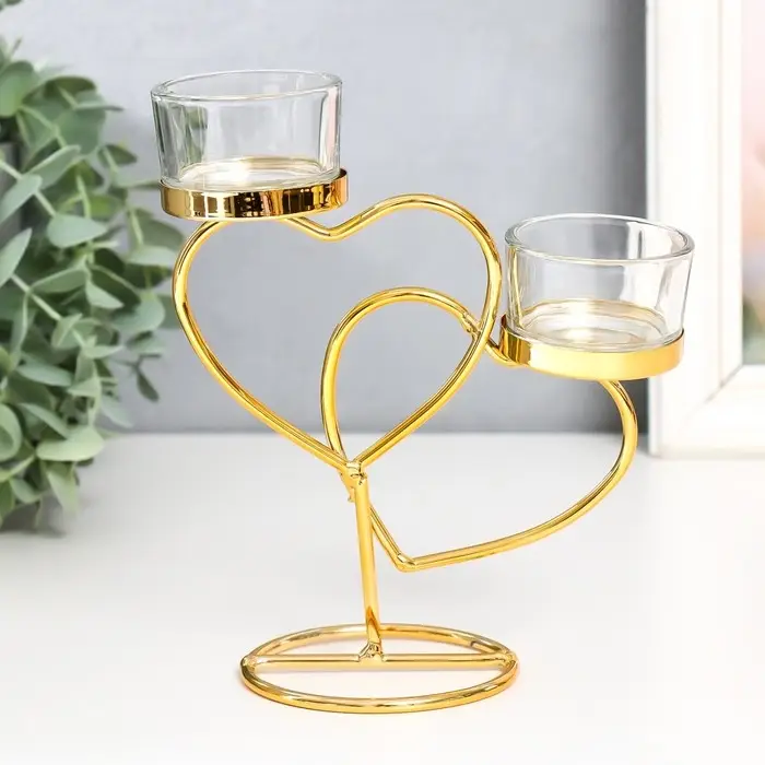 Подсвечник металл, стекло на 2 свечи  Подсвечник металл, стекло на 2 свечи "Два сердца" d-4,5 см золото 14х6,5х17,5 см