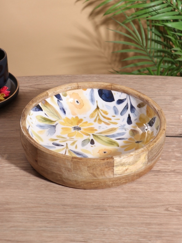 Блюдо Блюдо "Желтые и синие цветы" дерево манго 25,5х25,5х6 см