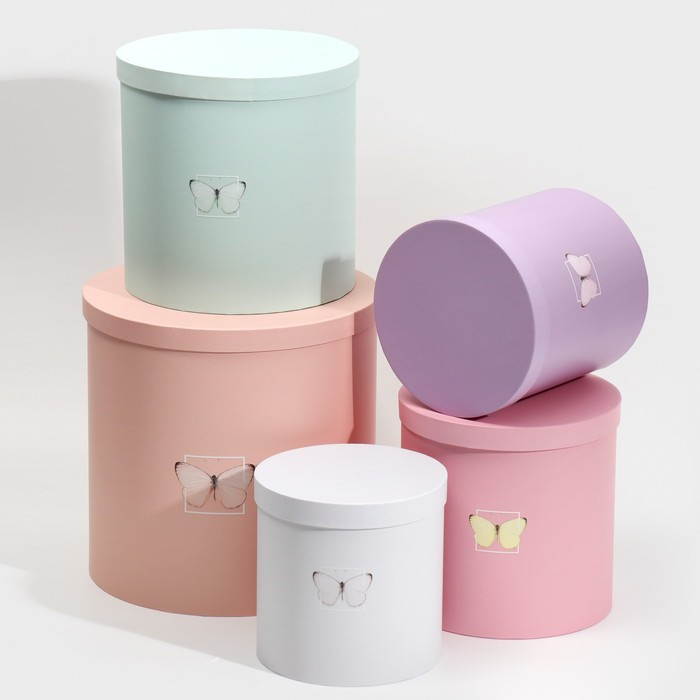 Набор круглых коробок 5 в 1, упаковка подарочная, «Бабочки», 23 х 23 х 25 ‒ 15 х 15 х 15 см
