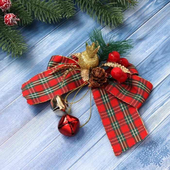 Украшение ёлочное Украшение ёлочное "Новогодний стиль" бант клетка ягоды, 14х11см, красный