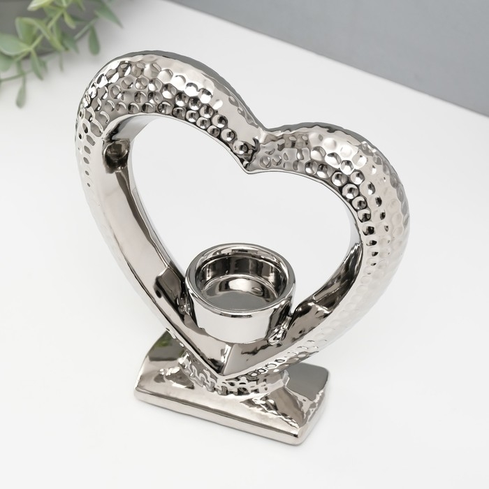 Подсвечник керамика на 1 свечу  Подсвечник керамика на 1 свечу "Сердце на подставке" d=4 см серебро 17х5,5х19,5 см