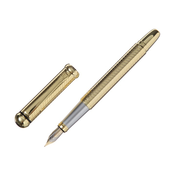 Ручка подарочная перьевая в кожзам футляре, корпус золото, серебро Ручка подарочная перьевая в кожзам футляре, корпус золото, серебро