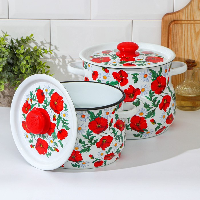 Набор кастрюль «Маки сибирские», 2 предмета: 4 л, 5.5 л, эмалированные крышки, индукция Набор кастрюль «Маки сибирские», 2 предмета: 4 л, 5.5 л, эмалированные крышки, индукция