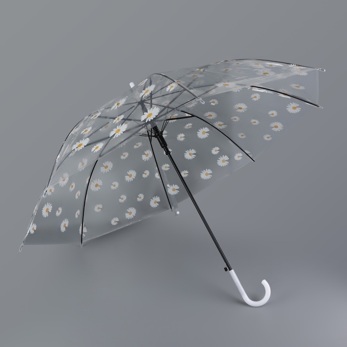 Зонт - трость полуавтоматический «Ромашка», 8 спиц, R = 45/55 см, D = 110 см, цвет прозрачный/белый Зонт - трость полуавтоматический «Ромашка», 8 спиц, R = 45/55 см, D = 110 см, цвет прозрачный/белый