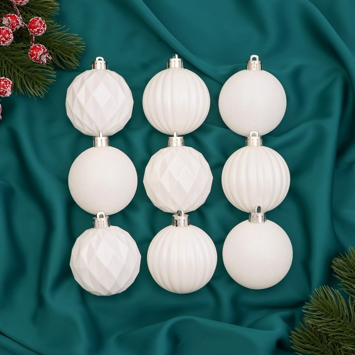 Ёлочные игрушки, шары новогодние , пластик, набор d-6 см, 9 шт Ёлочные игрушки, шары новогодние , пластик, набор d-6 см, 9 шт "Перл" грани, белый