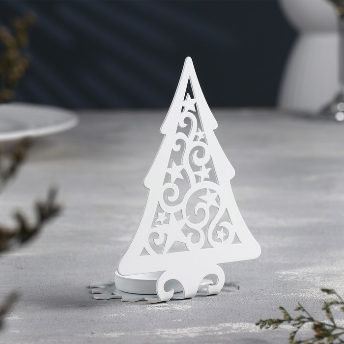 Новый год Подсвечник Новый год Подсвечник "Ёлка со звездами" металл на одну свечу, 6,6х10х13 см, белый