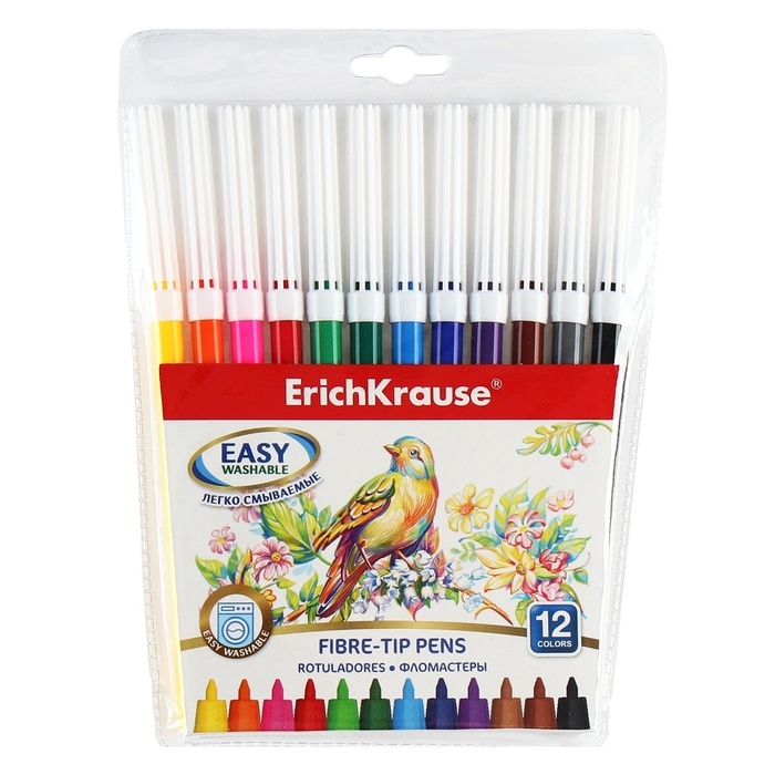 Фломастеры 12 цветов ErichKrause Easy Washable, 1-2 мм, европодвес, ультраяркие цвета, МИКС Фломастеры 12 цветов ErichKrause Easy Washable, 1-2 мм, европодвес, ультраяркие цвета, МИКС
