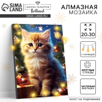 Алмазная мозаика на новый год с частичным заполнением на подрамнике «Котенок», 20 х 30 см, с гирляндой, новогодний набор для творчества