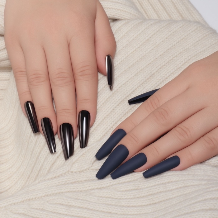 Накладные ногти, 12 шт, с клеевыми пластинами, форма балерина, матовый/хромированный, цвет синий/чёрный Накладные ногти, 12 шт, с клеевыми пластинами, форма балерина, матовый/хромированный, цвет синий/чёрный