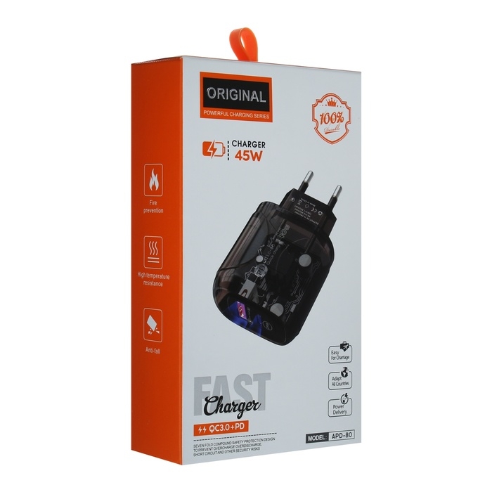 Сетевое зарядное устройство OR-000, 3 А, USB, Type-C, прозрачное, черное Сетевое зарядное устройство OR-000, 3 А, USB, Type-C, прозрачное, черное