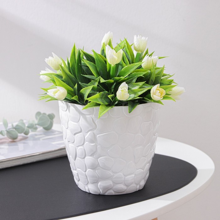 Горшок для цветов с поддоном «Камешки», 1,6 л, пластик, белый Горшок для цветов с поддоном «Камешки», 1,6 л, пластик, белый