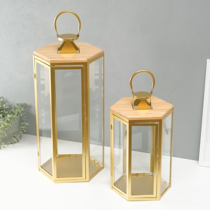 Подсвечник металл, дерево, фонарь Подсвечник металл, дерево, фонарь"Шесть граней" набор 2 шт 22,5х19,5х38; 22,5х26х55 см