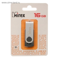 Флешка Mirex SWIVEL BLACK, 16 Гб, USB2.0, чт до 25 Мб/с, зап до 15 Мб/с, черная