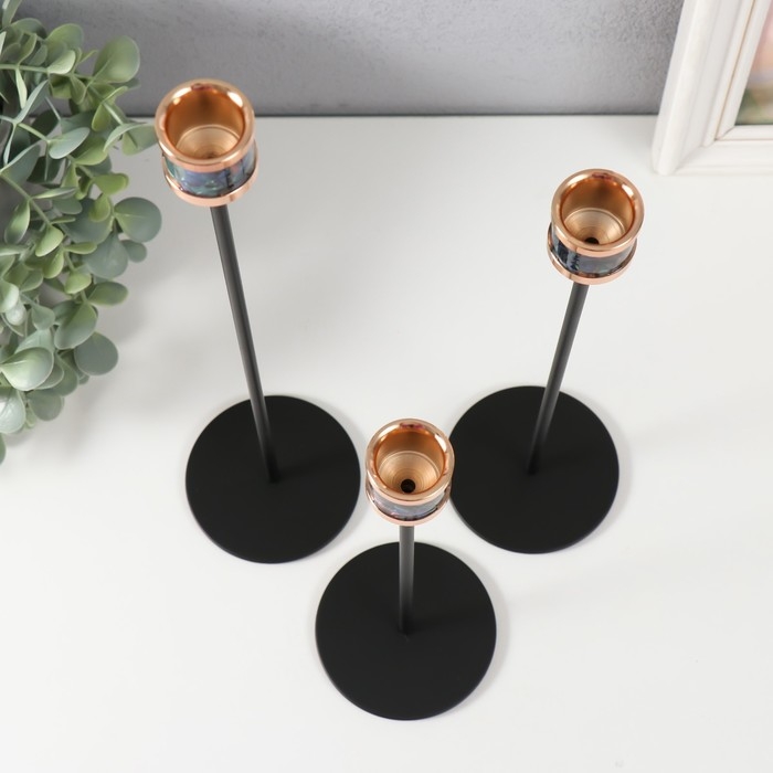 Подсвечник металл "Перелив. Кант" d=2,5 см набор 3 шт чёрный с золотом 21,5 см, 27 см, 32 см   97163