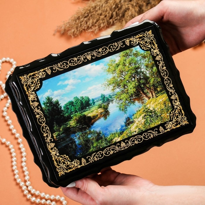 Шкатулка «Лесной берег», 17×23×6 см, лаковая миниатюра