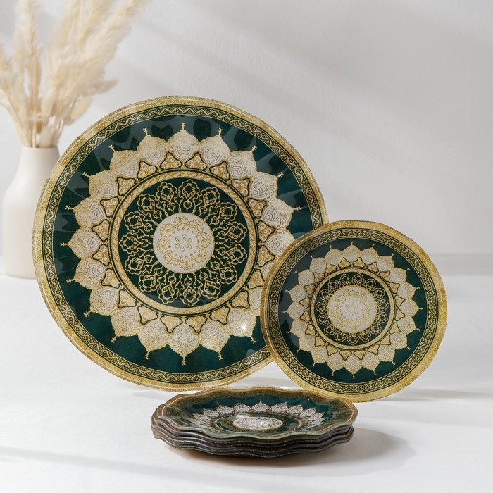 Набор столовый «Мехенди», 7 предметов: d=30 см - 1 шт, d=18 см - 6 шт, цвет зелёный с жёлтым Набор столовый «Мехенди», 7 предметов: d=30 см - 1 шт, d=18 см - 6 шт, цвет зелёный с жёлтым