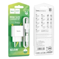 Сетевое зарядное устройство Hoco C106A, 1 USB, 2.1 А, кабель Lightning - USB, 1 м, белое