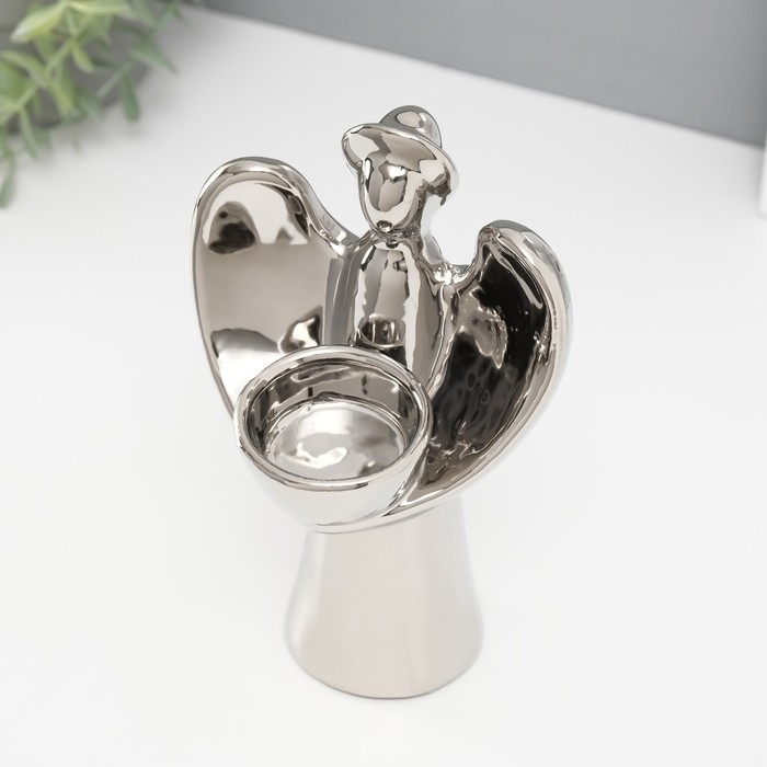 Подсвечник керамика на 1 свечу  Подсвечник керамика на 1 свечу "Ангел с нимбом" d=4 см серебро 11,5х10х18,5 см