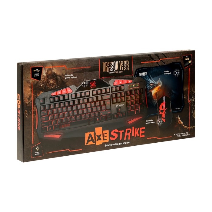 Игровой набор Qumo Axe Strike 3 в 1, клавиатура+мышь+ковер, проводной, 2400 dpi Игровой набор Qumo Axe Strike 3 в 1, клавиатура+мышь+ковер, проводной, 2400 dpi