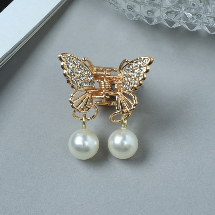 Краб для волос Краб для волос "Милада" белые бусинки, 2,5 см, золото