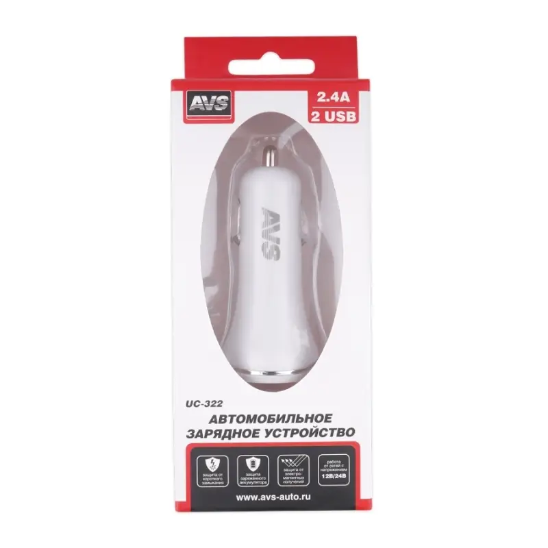USB автомобильное зарядное устройство AVS 2 порта UC-322 (2,4А, белый)