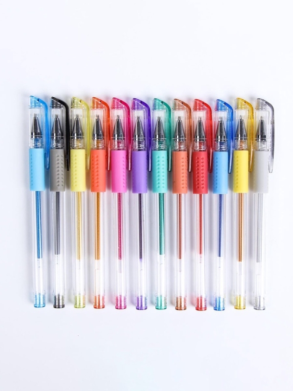 Набор гелевых ручек, 12 цветов, с блестками, с резиновым держателем, в пластиковой коробке