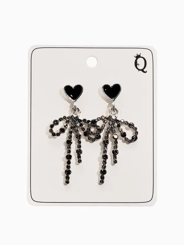 Серьги "Бантики с сердечками", цвет чёрно-серый в серебре