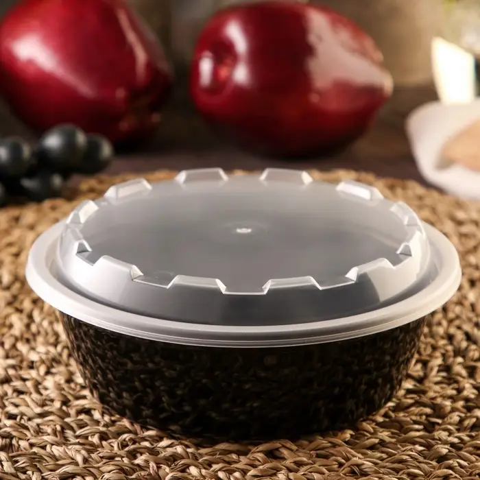 Контейнер одноразовый с крышкой, 530 мл, круглый, пластик, чёрный