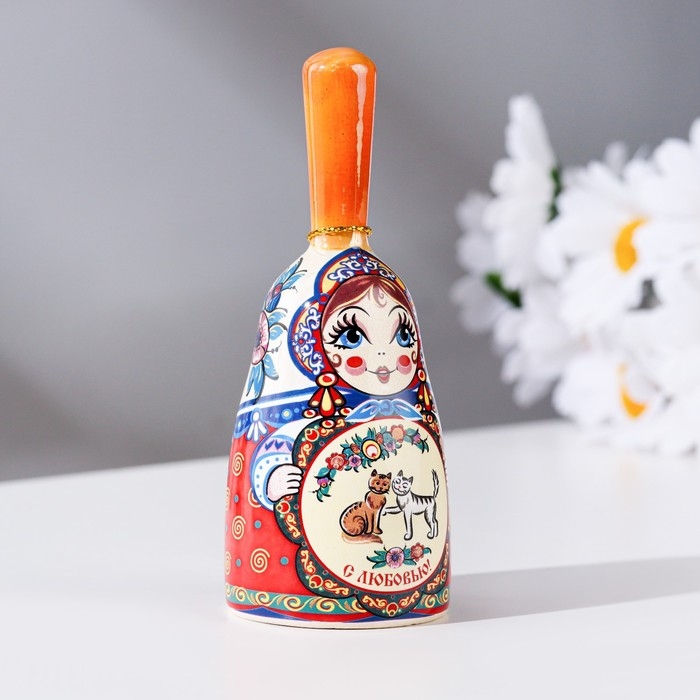Колокольчик матрешка средняя с ручкой, кошки, микс  10 см Колокольчик матрешка средняя с ручкой, кошки, микс  10 см