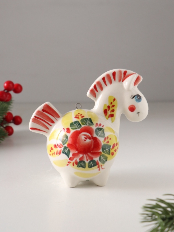 Ёлочный фарфоровый шар "Лошадь Цветок" /авторская роспись/,  11 см