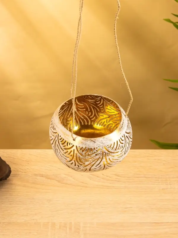 Подсвечник подвесной из кокоса, 14×14×10 см, бело-золотой