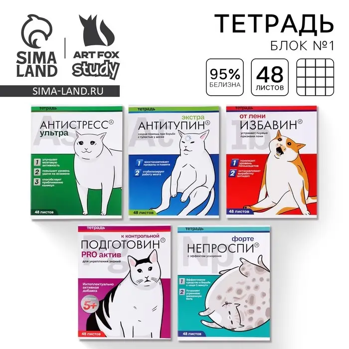 Тетрадь в клетку, 48 л., А5, на скрепке, блок №1 «Котики таблетки» МИКС Тетрадь в клетку, 48 л., А5, на скрепке, блок №1 «Котики таблетки» МИКС