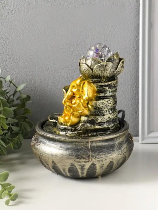 Фонтан настольный от сети, подсветка "Ганеша у цветущим лотосом" 16х16х23 см