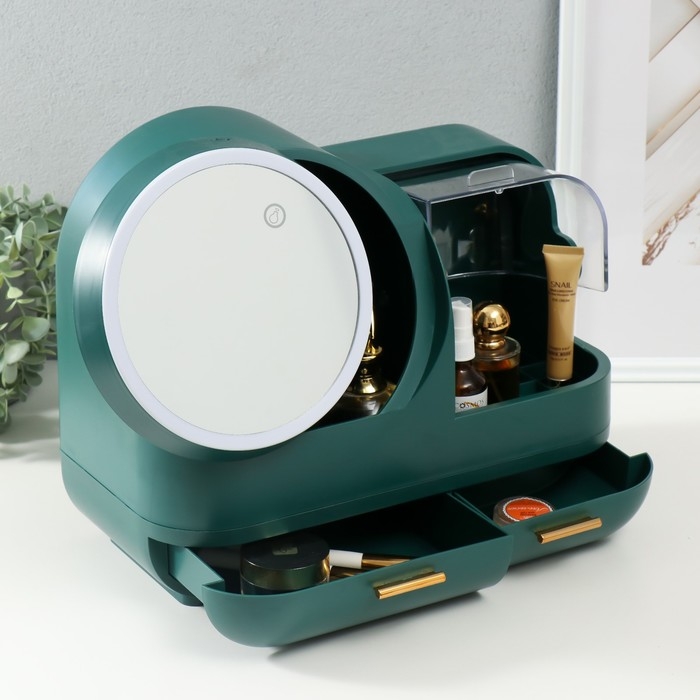 Шкатулка для косметики пластик, зеркало с подсветкой Шкатулка для косметики пластик, зеркало с подсветкой "Тёмно-зелёная" 37,5х22х31 см