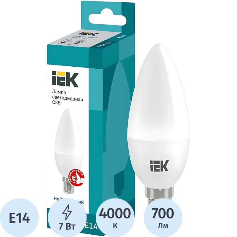 Лампа светодиодная Eco 7Вт C35 свеча 4000К E14 IEK LLE-C35-7-230-40-E14