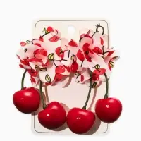 Серьги "Вишня с цветами" текстиль, цветные в золоте