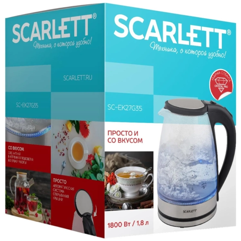 Чайник Scarlett SC-EK27G35, 1800Вт, 1.8л, стекло/сталь