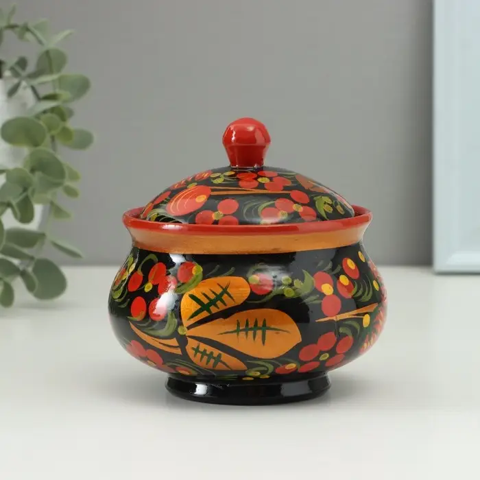 Сахарница дерево хохлома &laquo;Ягодки&raquo;, 9&times;9 см